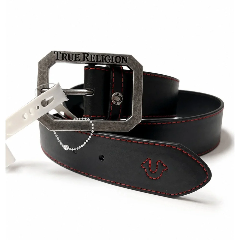 True Religion Men's Belt Black Red Stitch Gunmetal Buckle L/XL 45